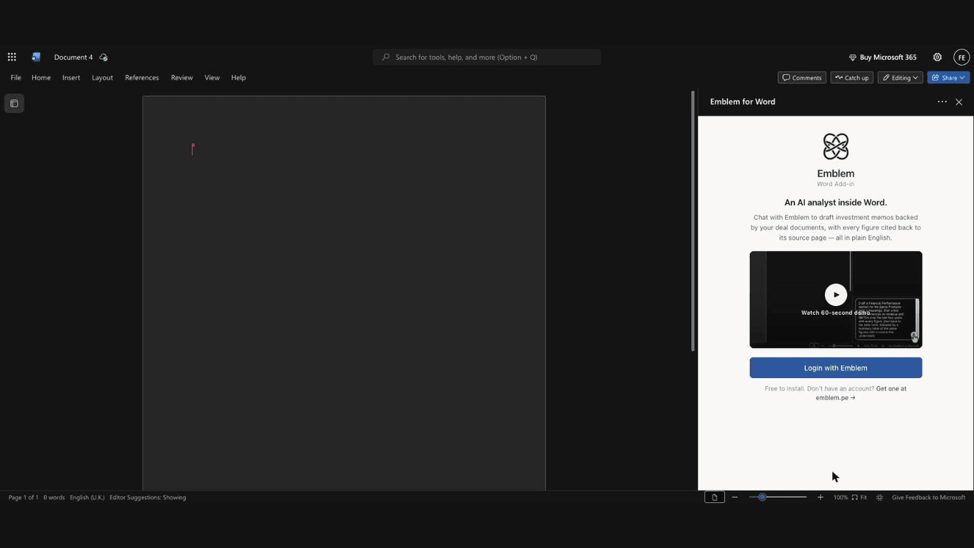 Emblem for Word sign-in screen inside the task pane, with a 60-second demo video and a Login with Emblem button
